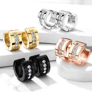 CNC Set Clear CZ Stainless Steel Hinge Action Hoop Earrings